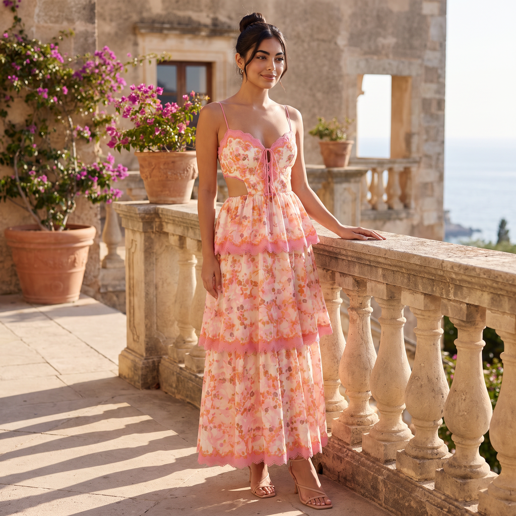Women's Patterned Maxi Ruffle Dress