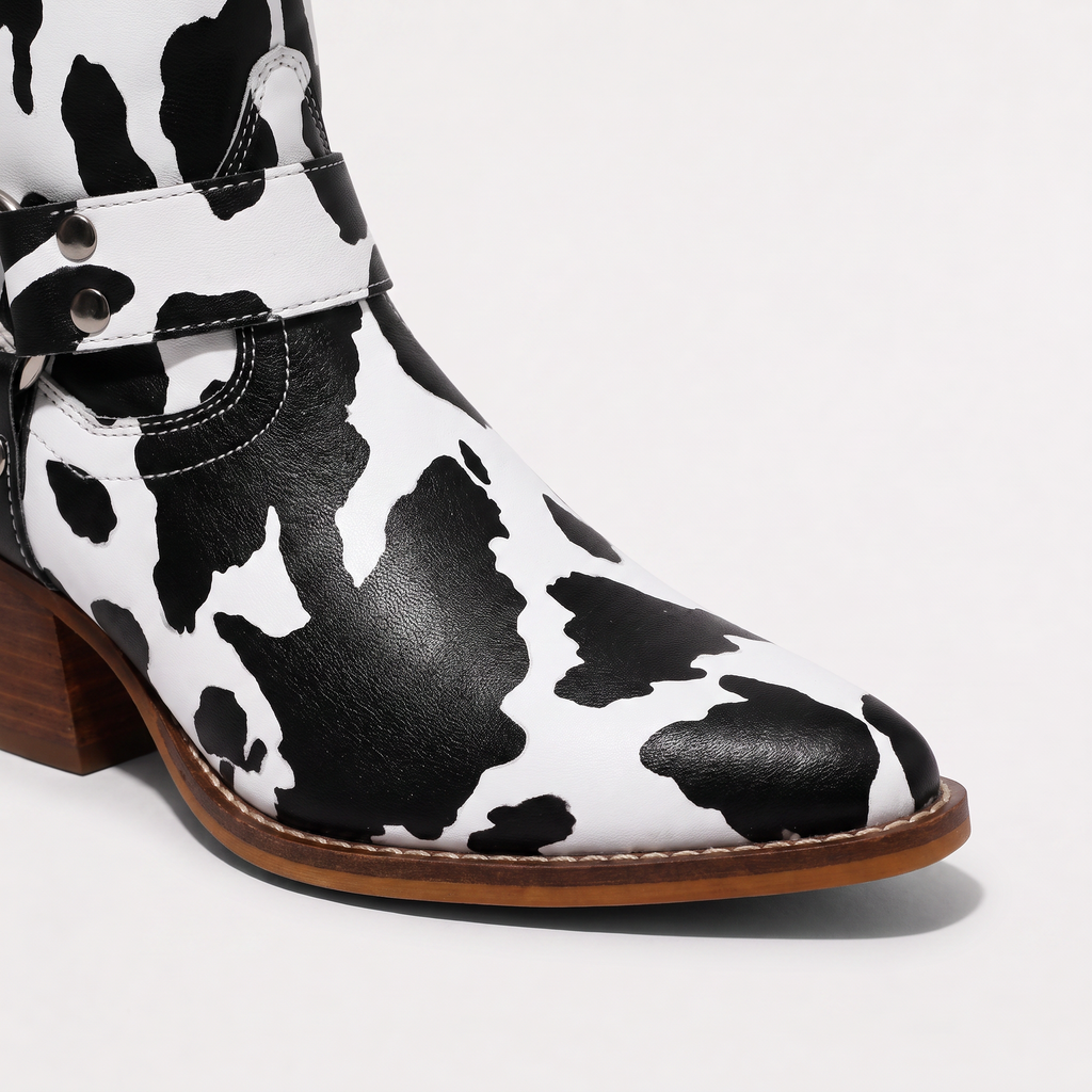 Women's Cow-Print Block Heel Cowboy Boots