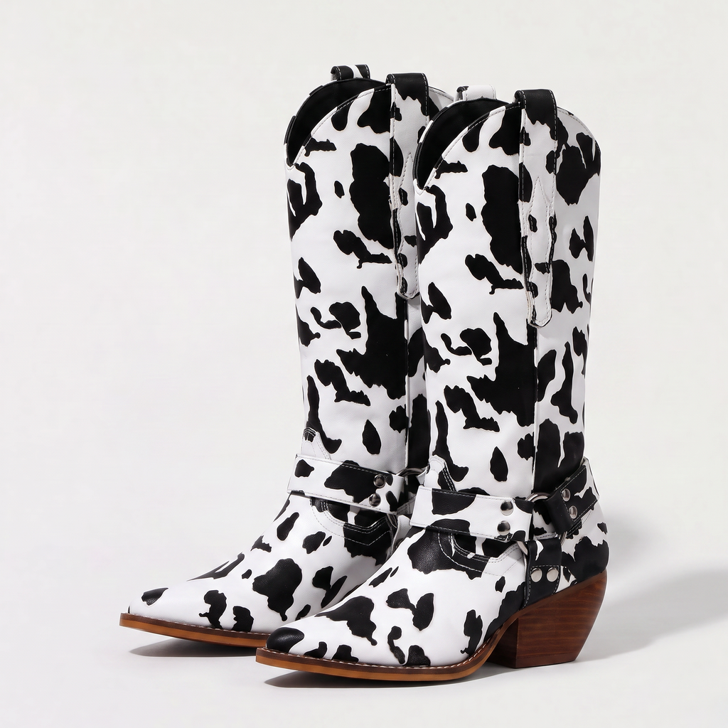 Women's Cow-Print Block Heel Cowboy Boots