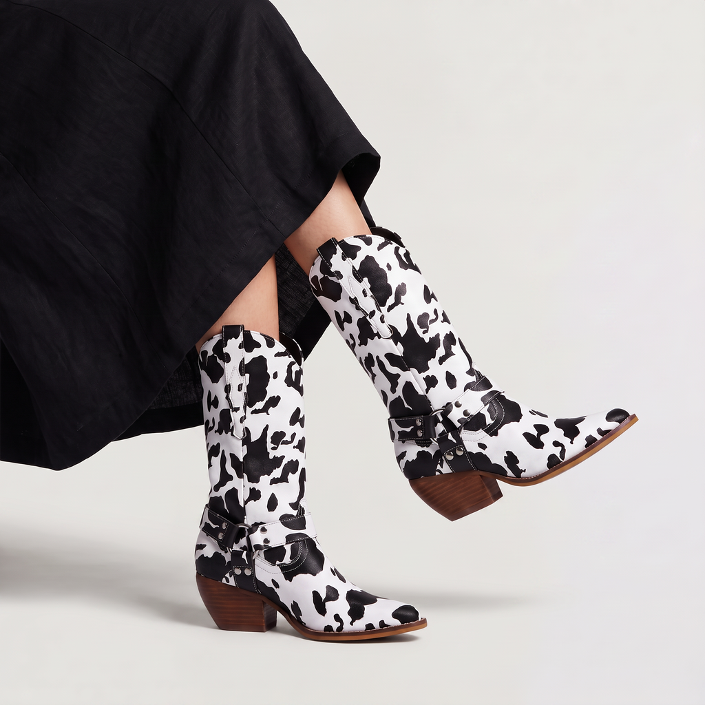Women's Cow-Print Block Heel Cowboy Boots
