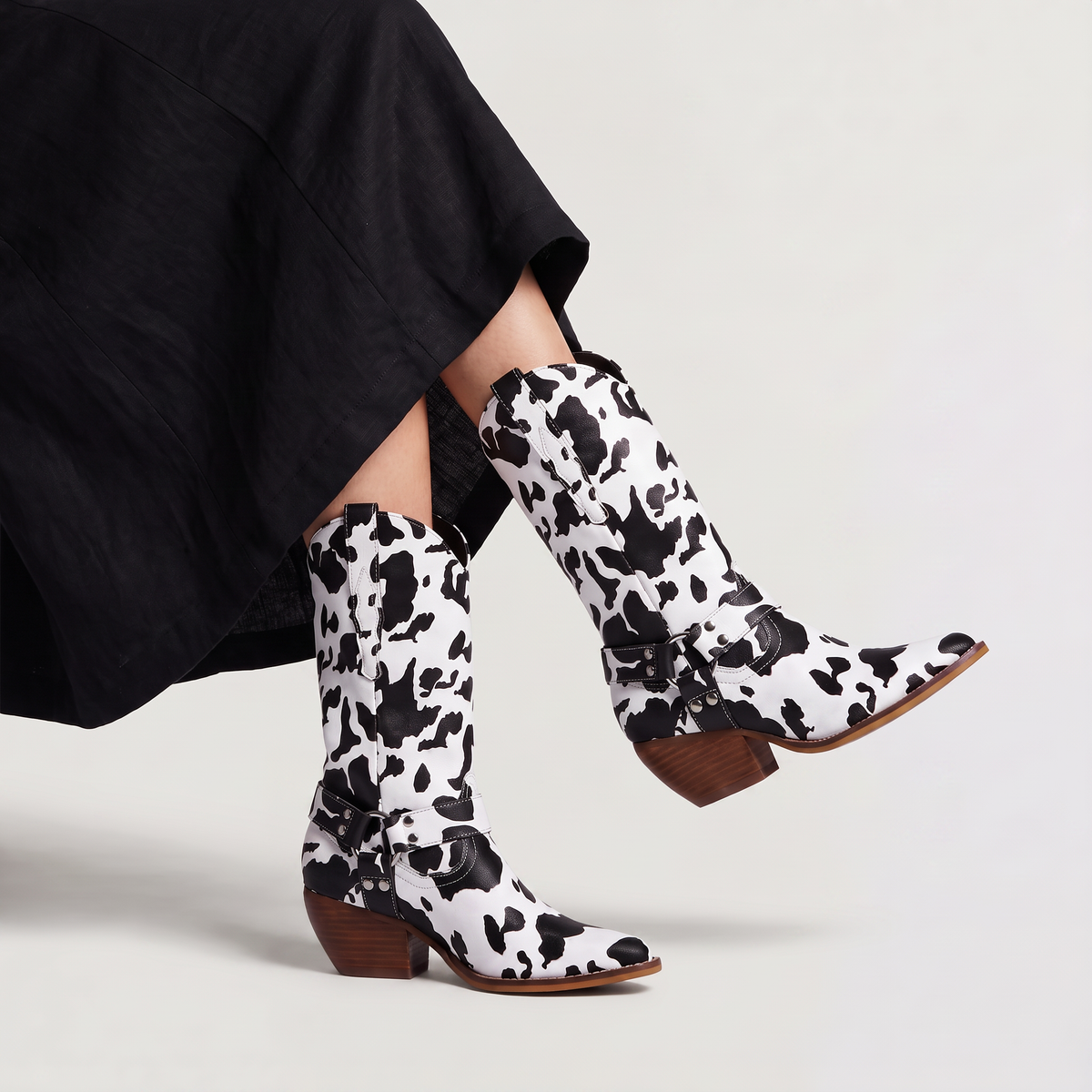 Women's Cow-Print Block Heel Cowboy Boots