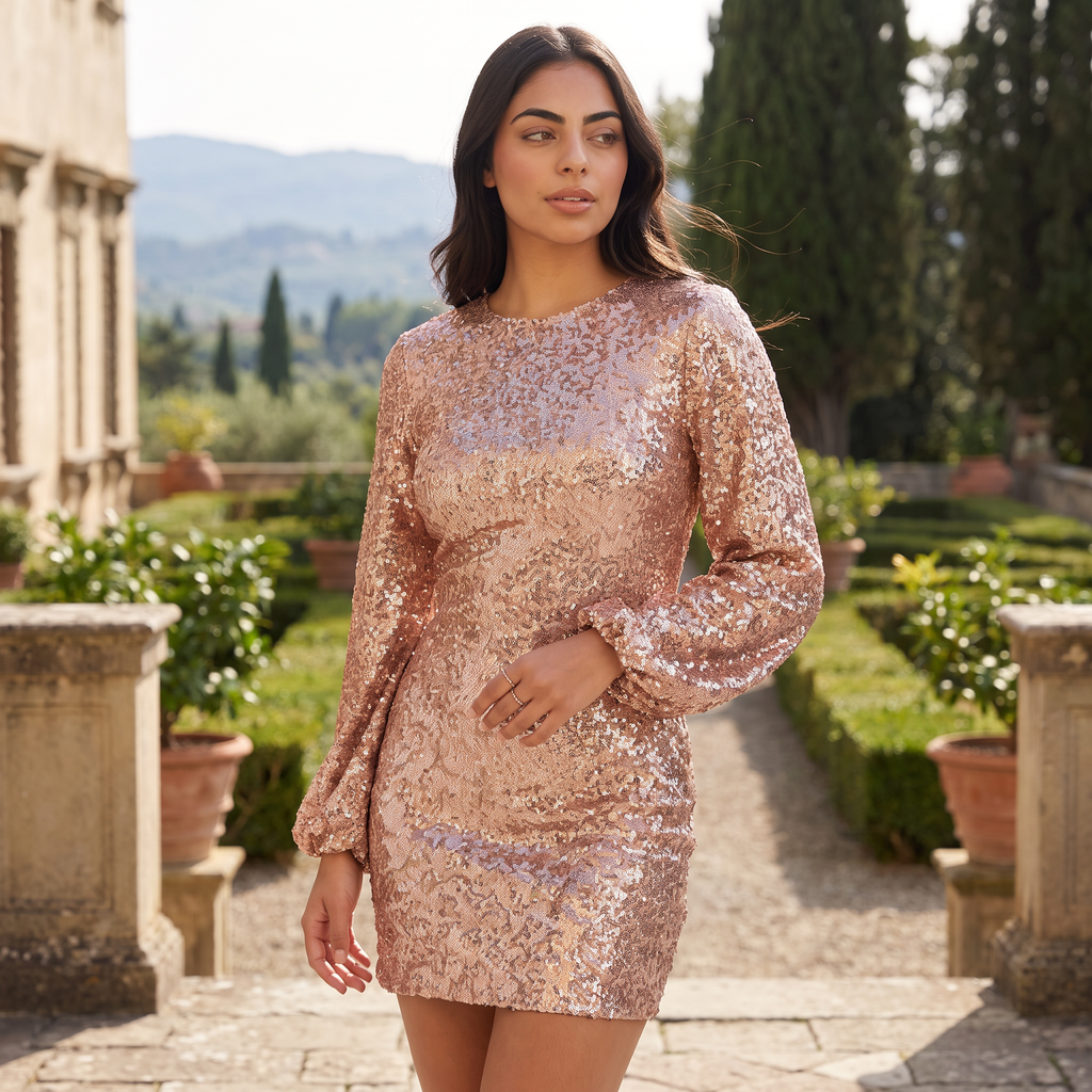 Women's Balloon Sleeves Sequin Mini Dress