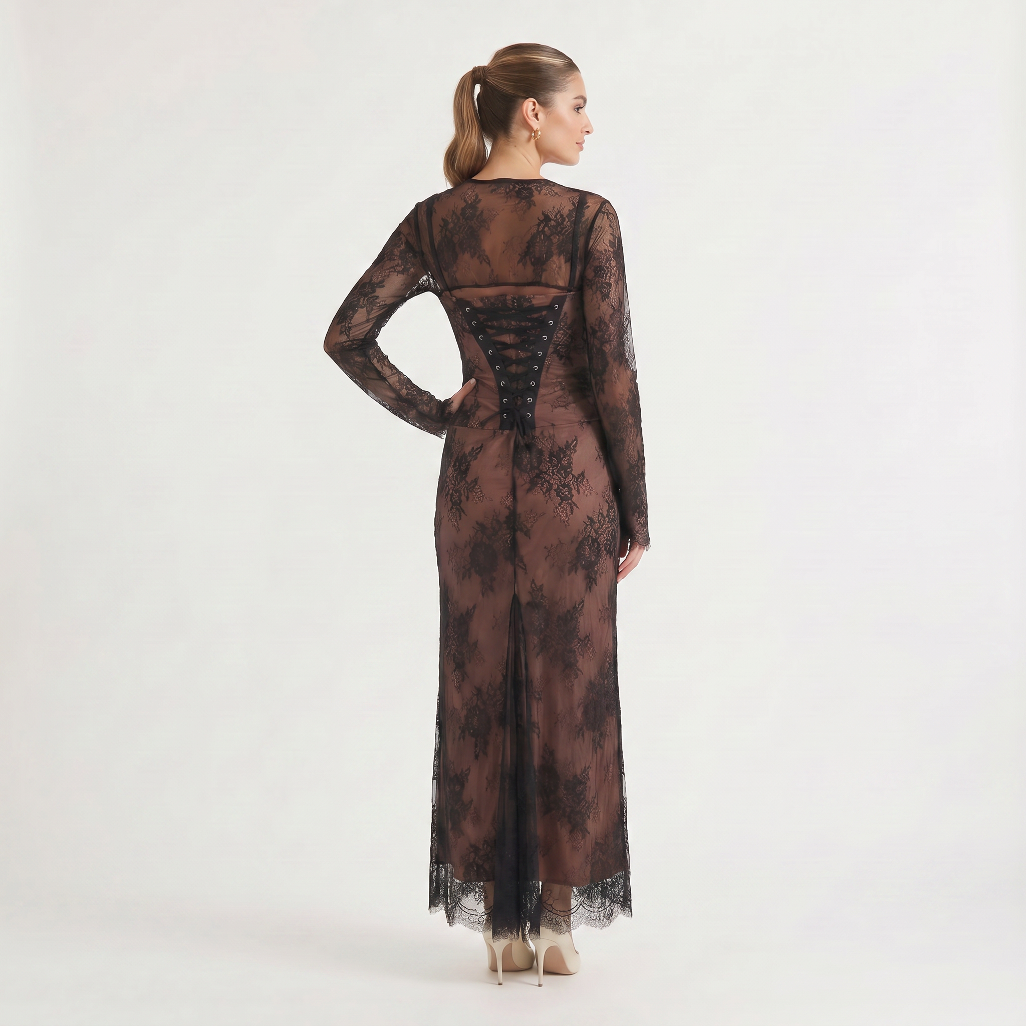 Women's Square Neck Embroidered Long-Sleeve Maxi Dress