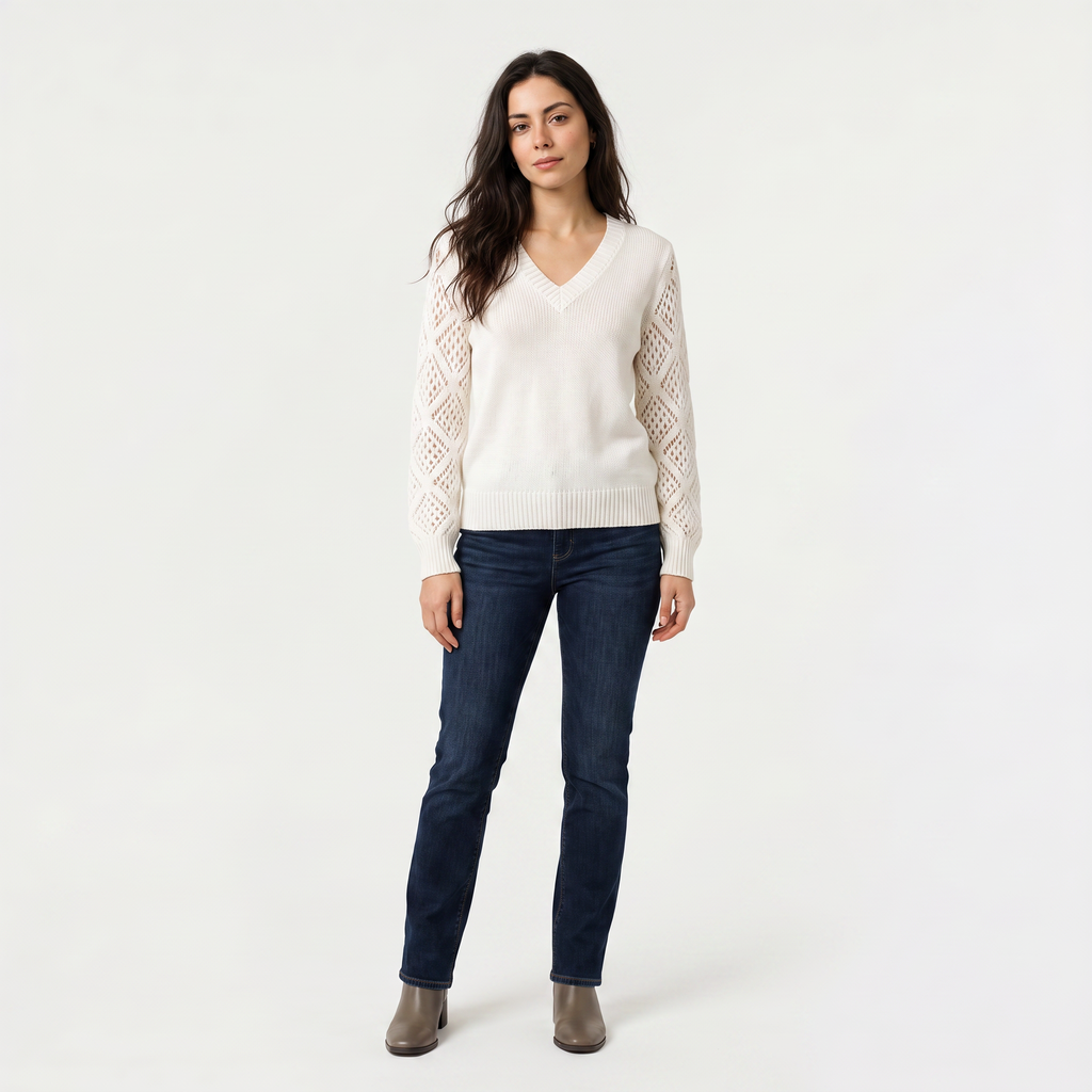 Women's V-Neck Pointelle Sleeve Sweater