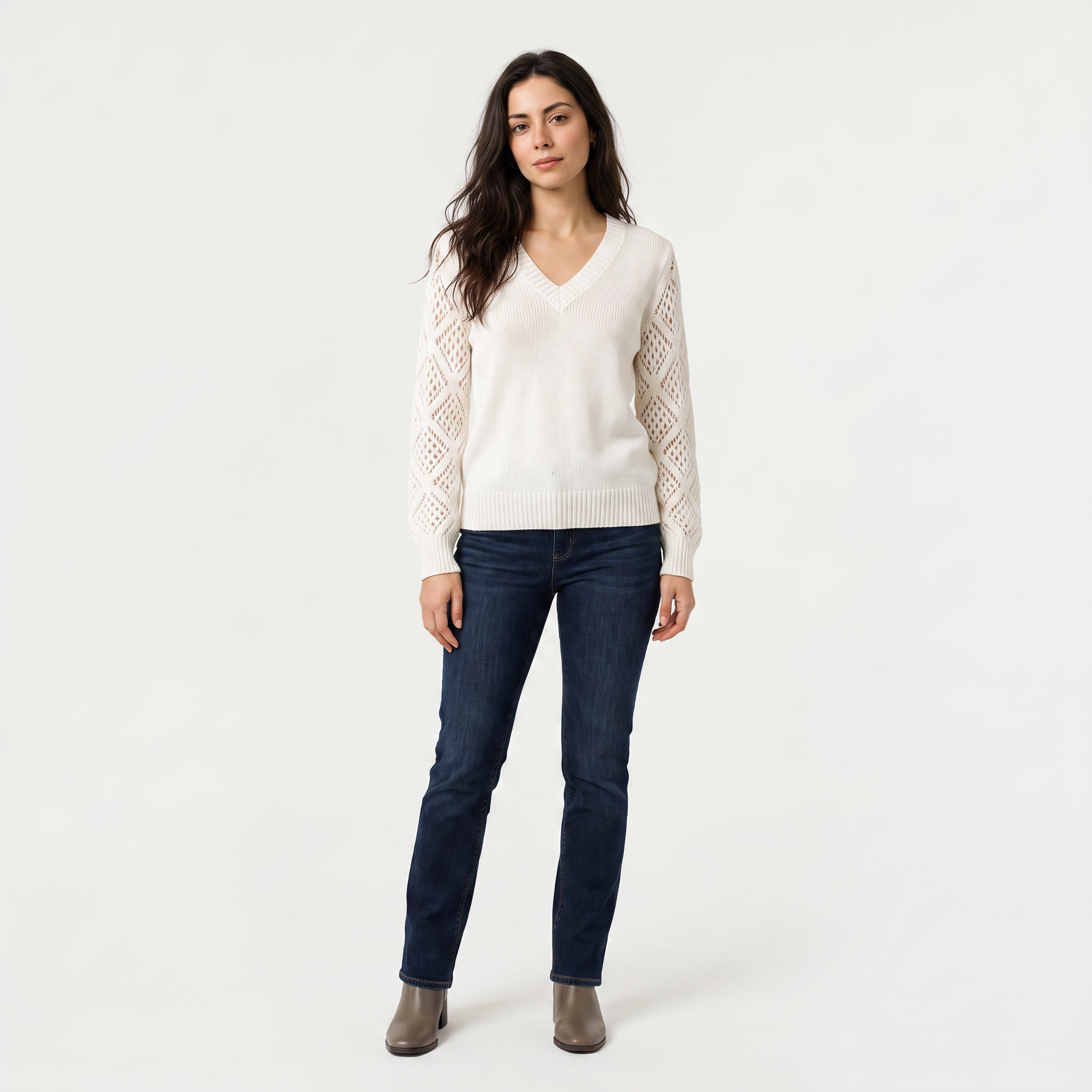 Women's V-Neck Pointelle Sleeve Sweater