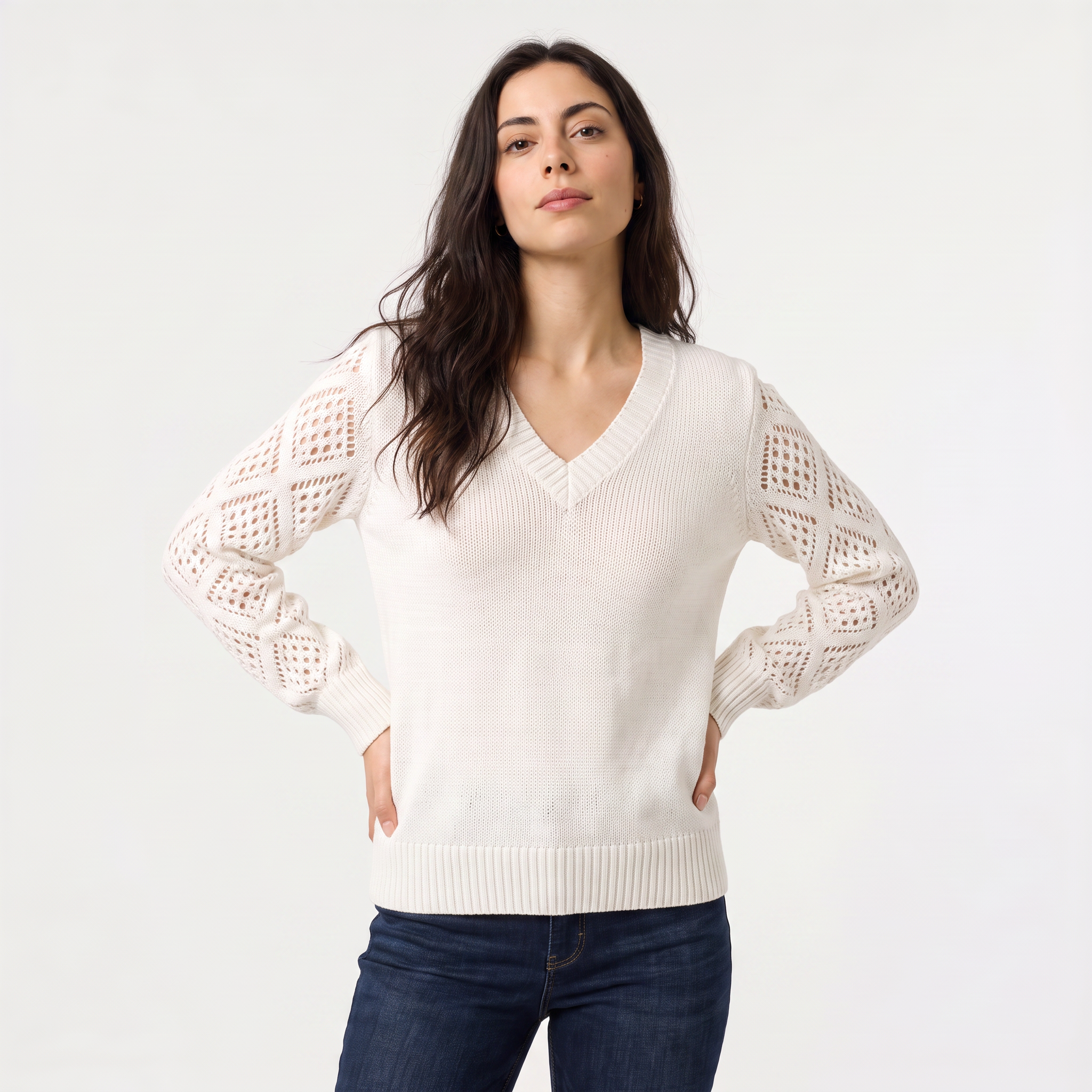 Women's V-Neck Pointelle Sleeve Sweater