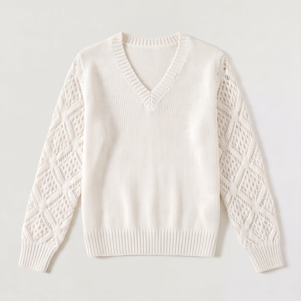 Women's V-Neck Pointelle Sleeve Sweater