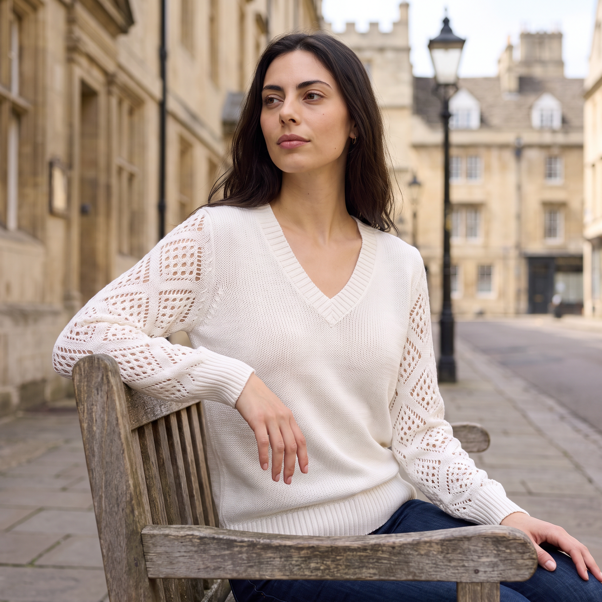 Women's V-Neck Pointelle Sleeve Sweater