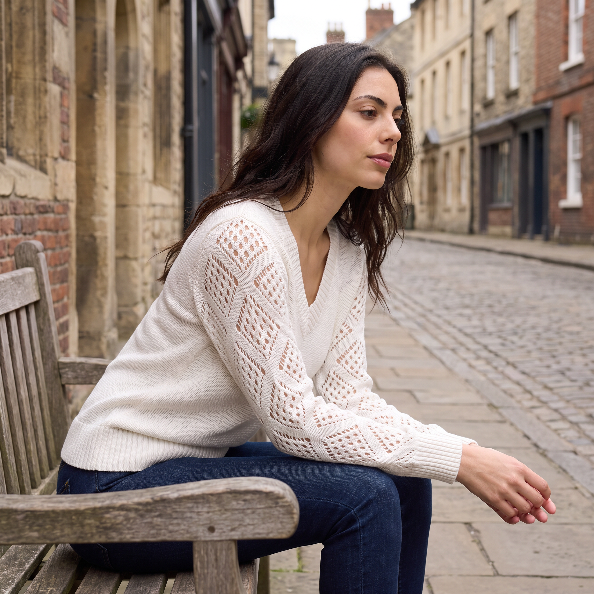 Women's V-Neck Pointelle Sleeve Sweater