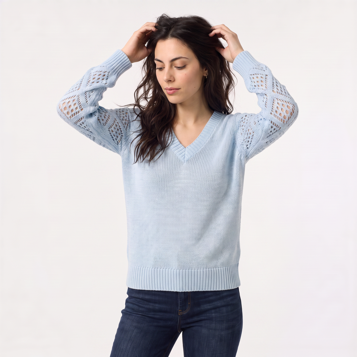 Women's V-Neck Pointelle Sleeve Jumper