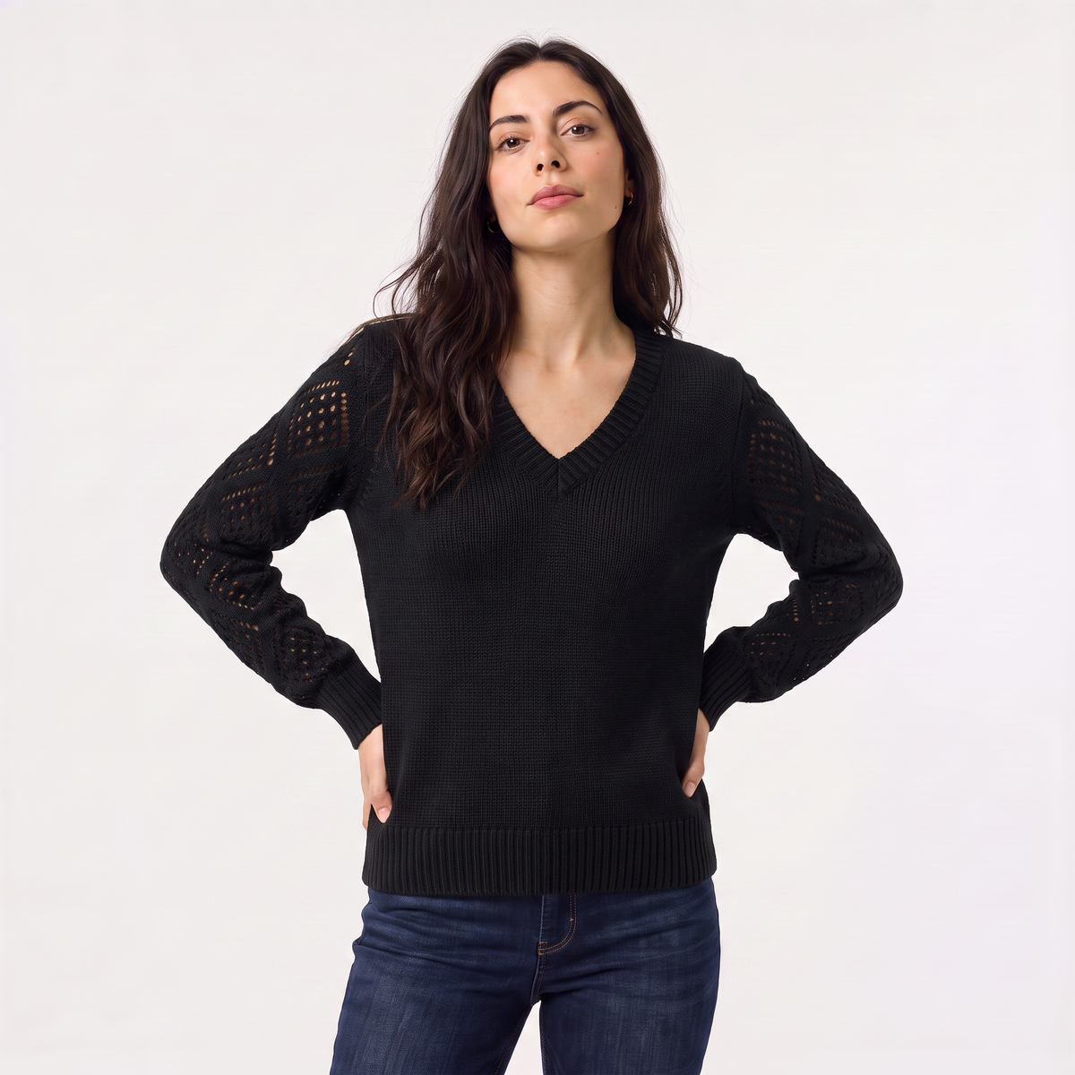 Women's V-Neck Pointelle Sleeve Jumper