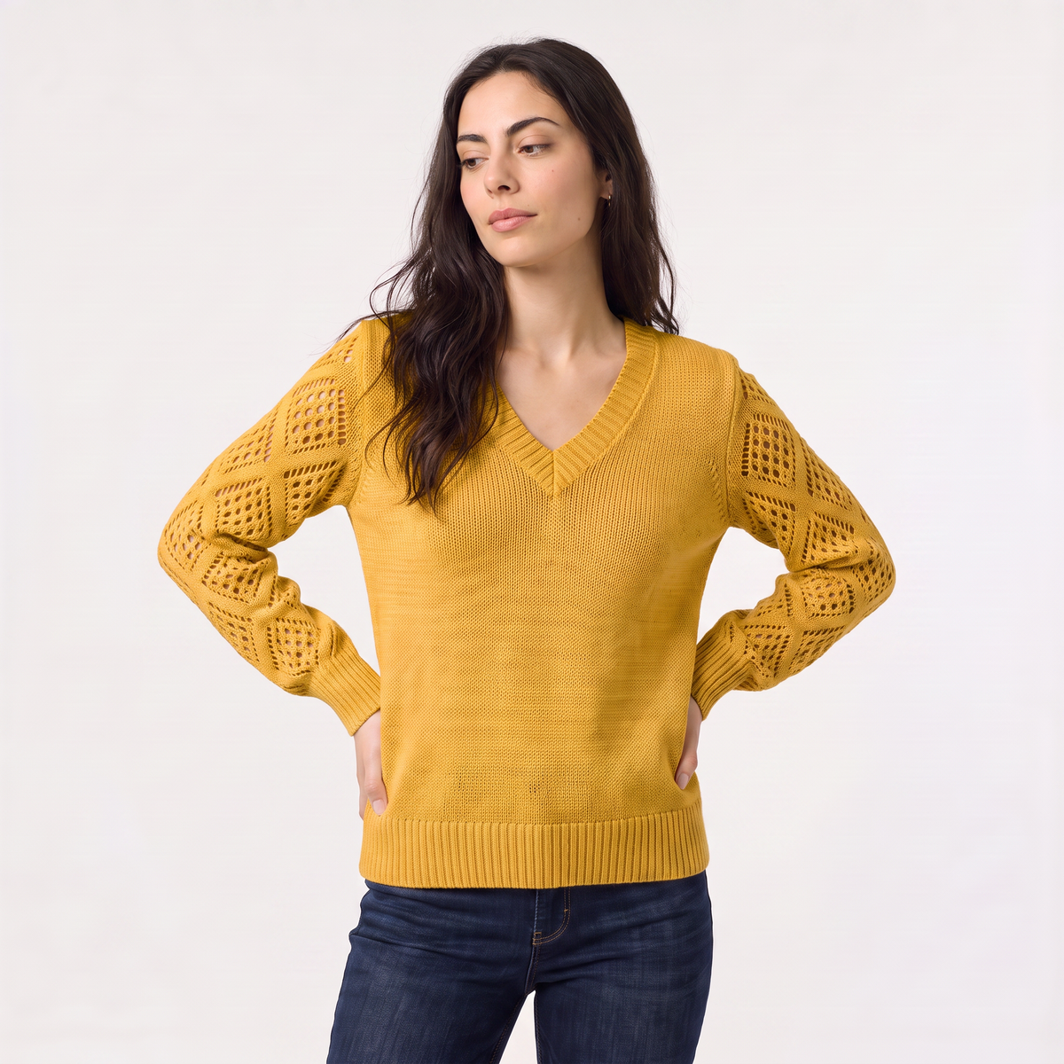 Women's V-Neck Pointelle Sleeve Jumper