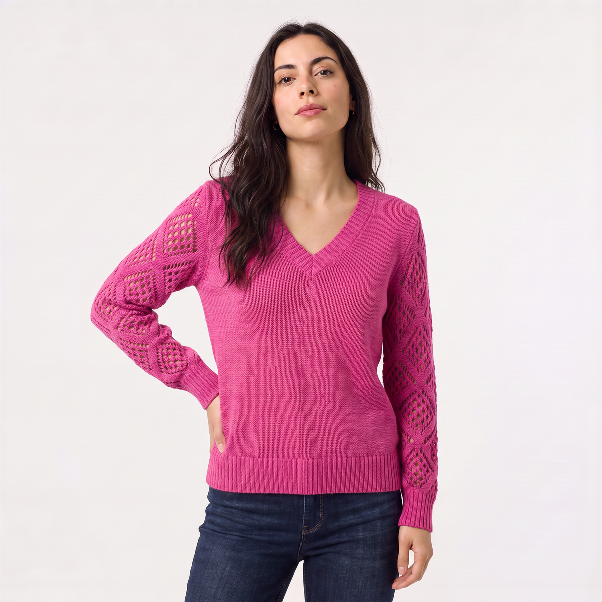 Women's V-Neck Pointelle Sleeve Jumper