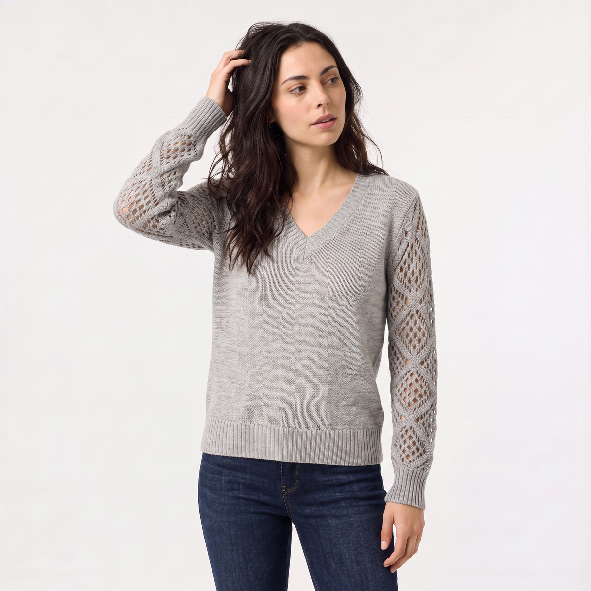 Women's V-Neck Pointelle Sleeve Jumper