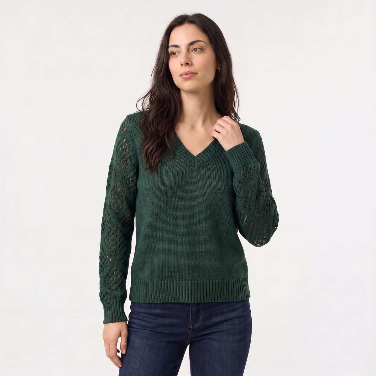 Women's V-Neck Pointelle Sleeve Jumper
