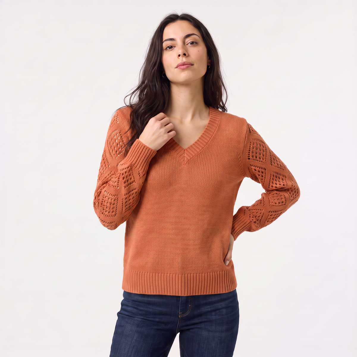 Women's V-Neck Pointelle Sleeve Jumper