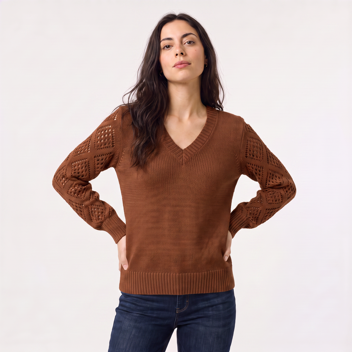Women's V-Neck Pointelle Sleeve Jumper