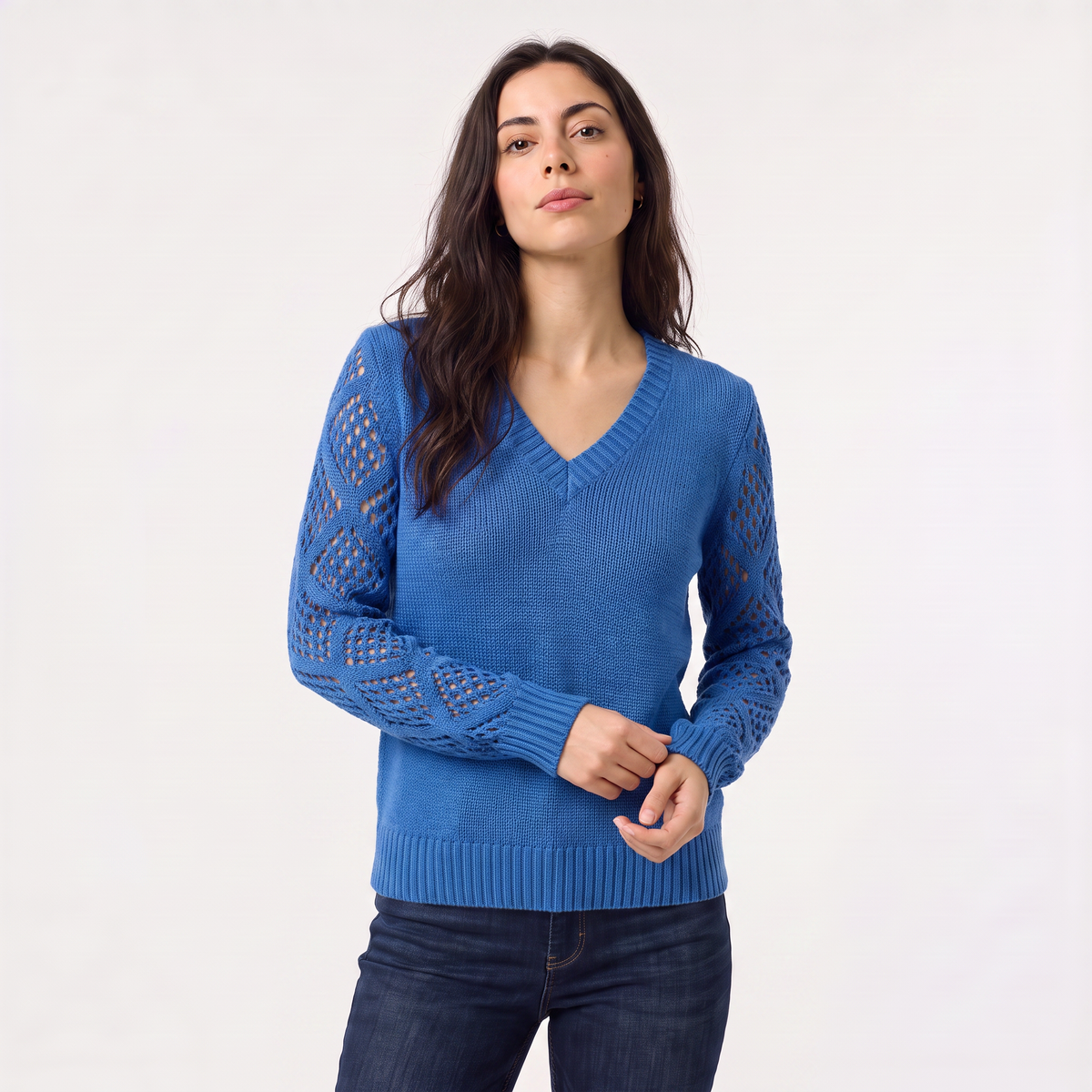Women's V-Neck Pointelle Sleeve Jumper