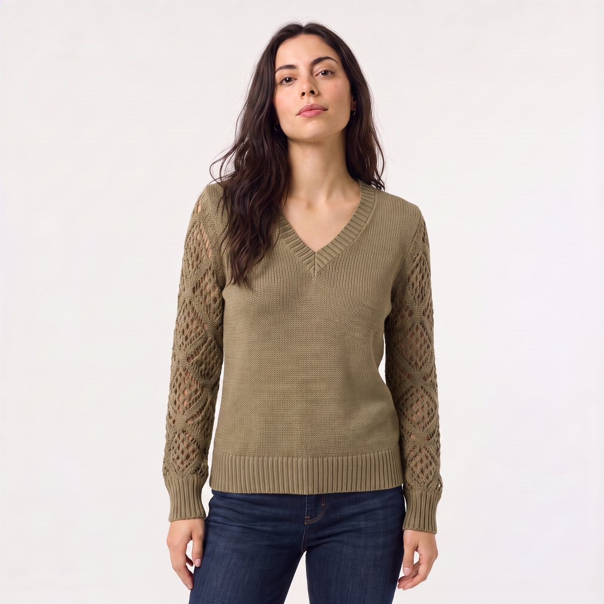 Women's V-Neck Pointelle Sleeve Jumper