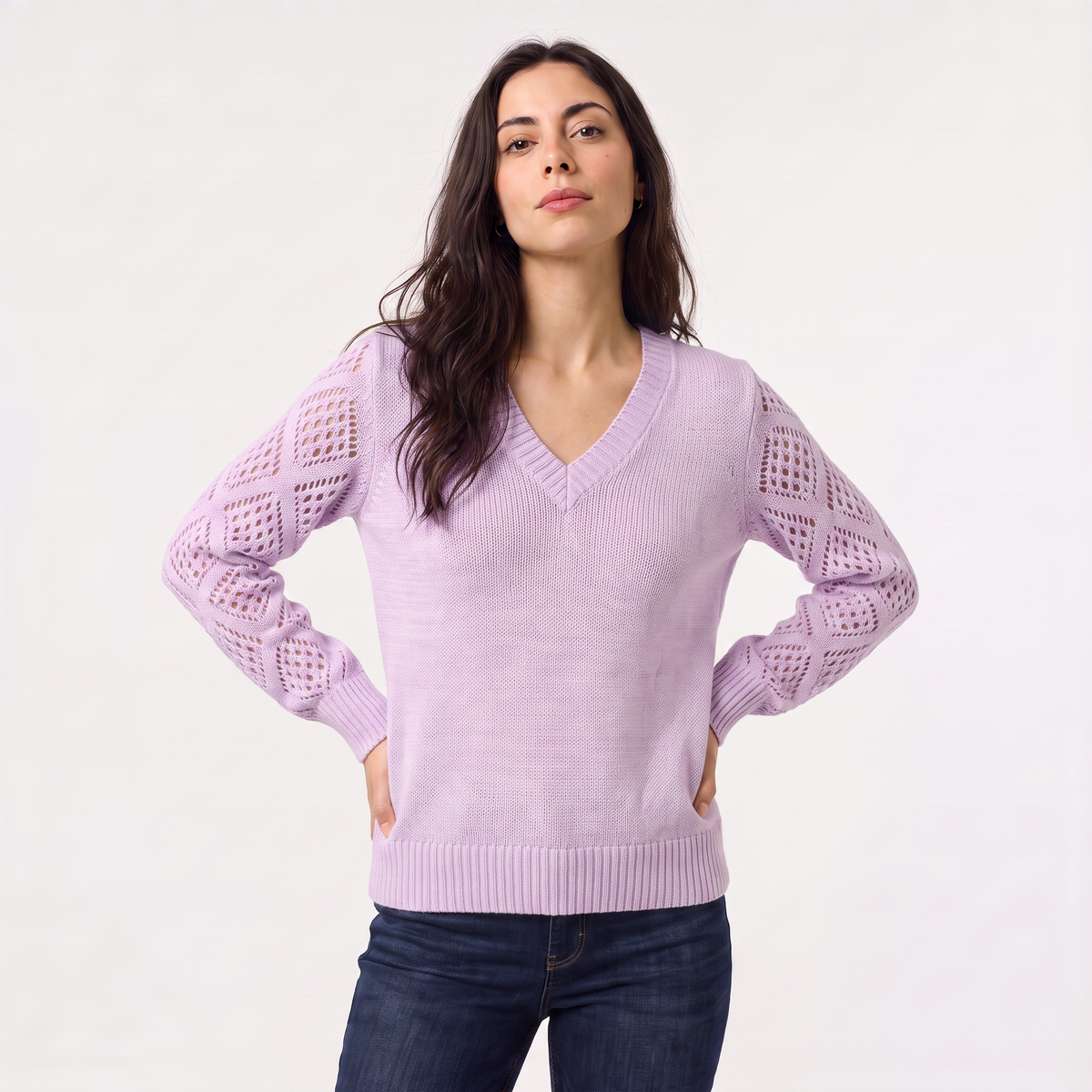 Women's V-Neck Pointelle Sleeve Jumper