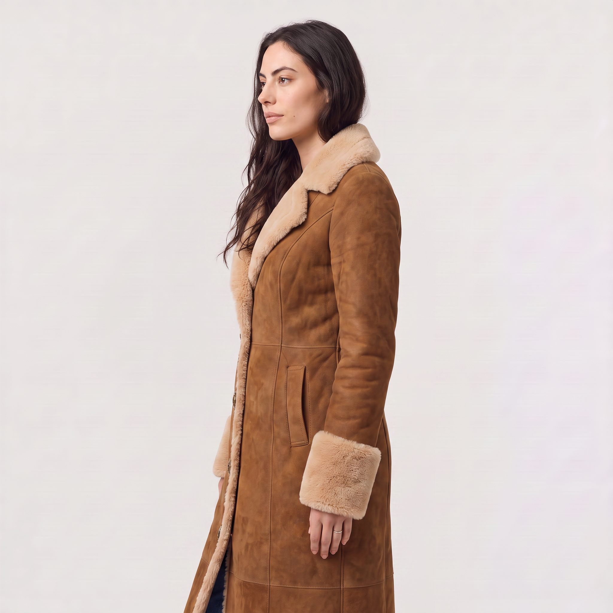 Women's Faux Suede Shearling Trim Coat