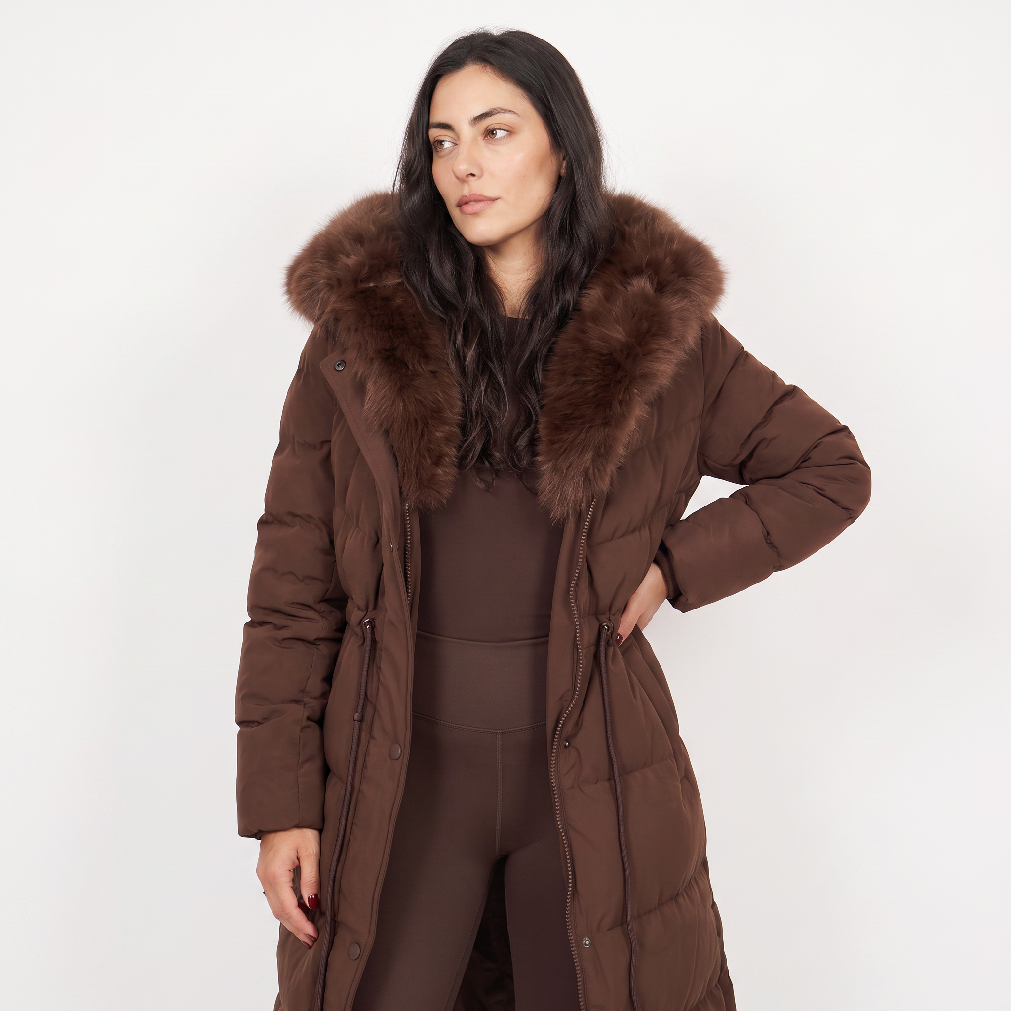 Women's Long Puffer Coat with Faux Fur Hood