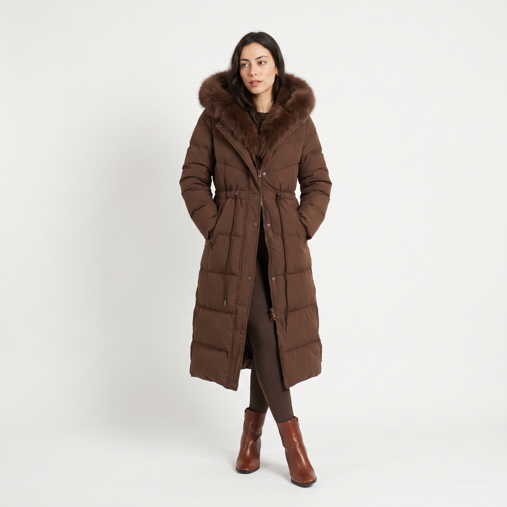 Women's Long Puffer Coat with Faux Fur Hood