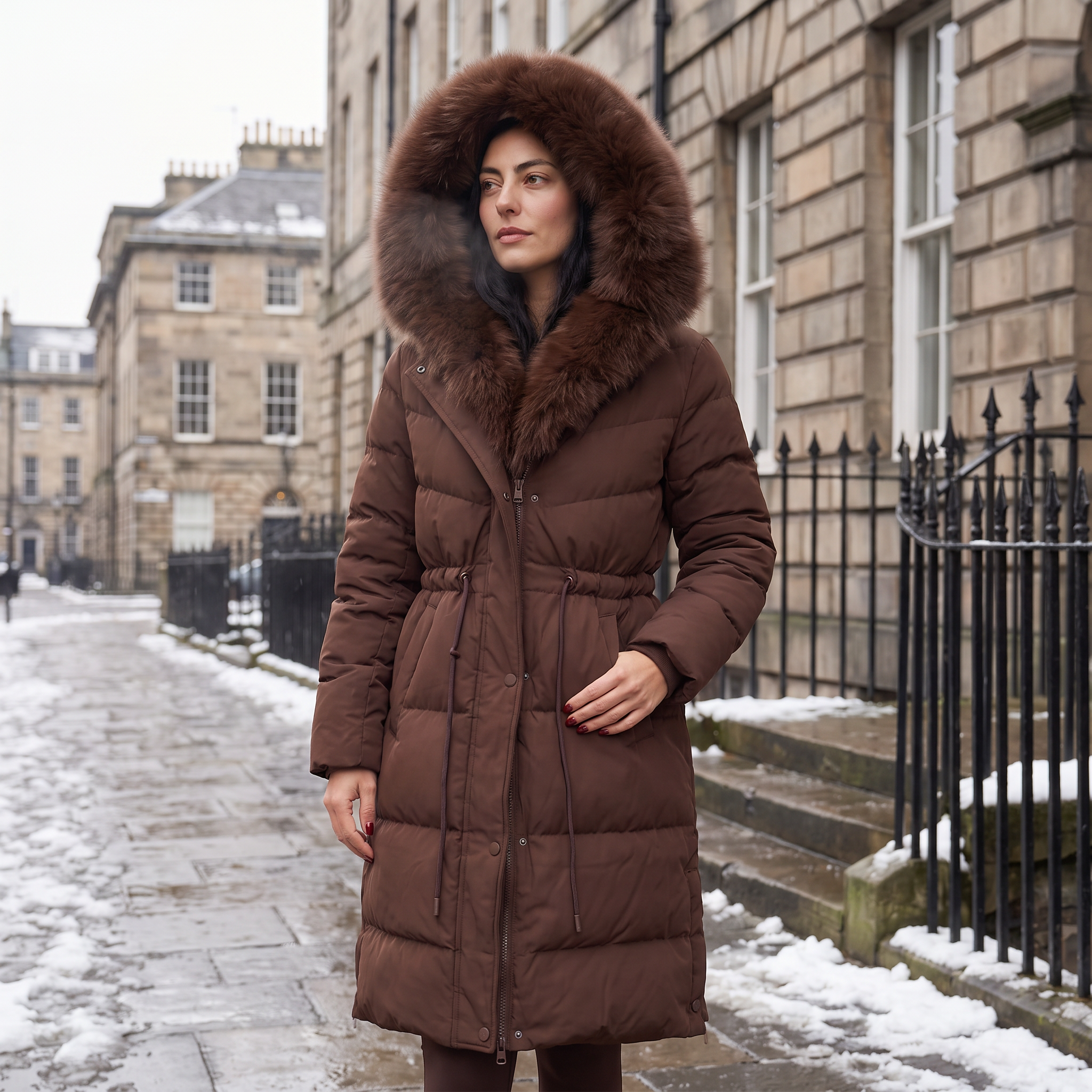 Women's Long Puffer Coat with Faux Fur Hood