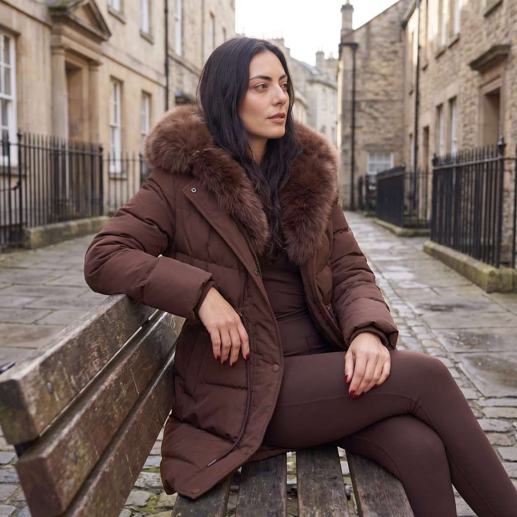 Women's Long Puffer Coat with Faux Fur Hood