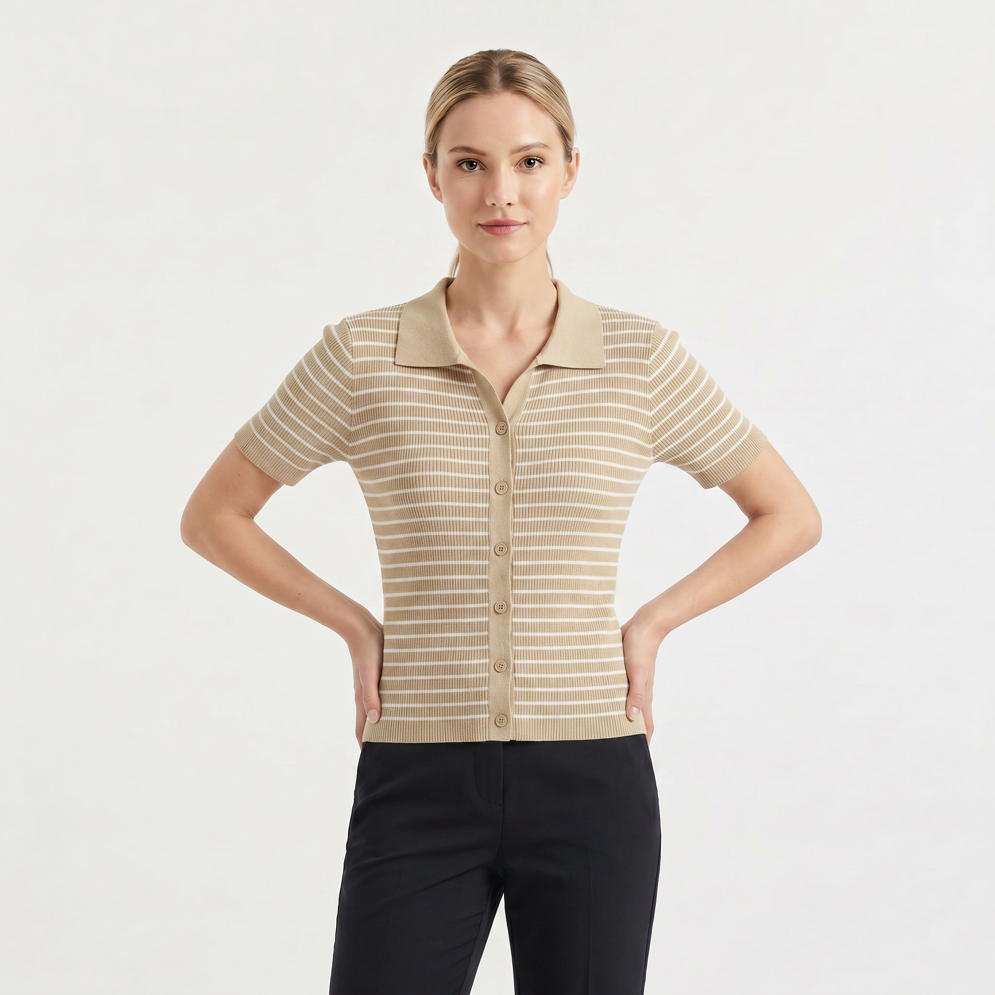 Women's Striped Button-Up Polo Shirt