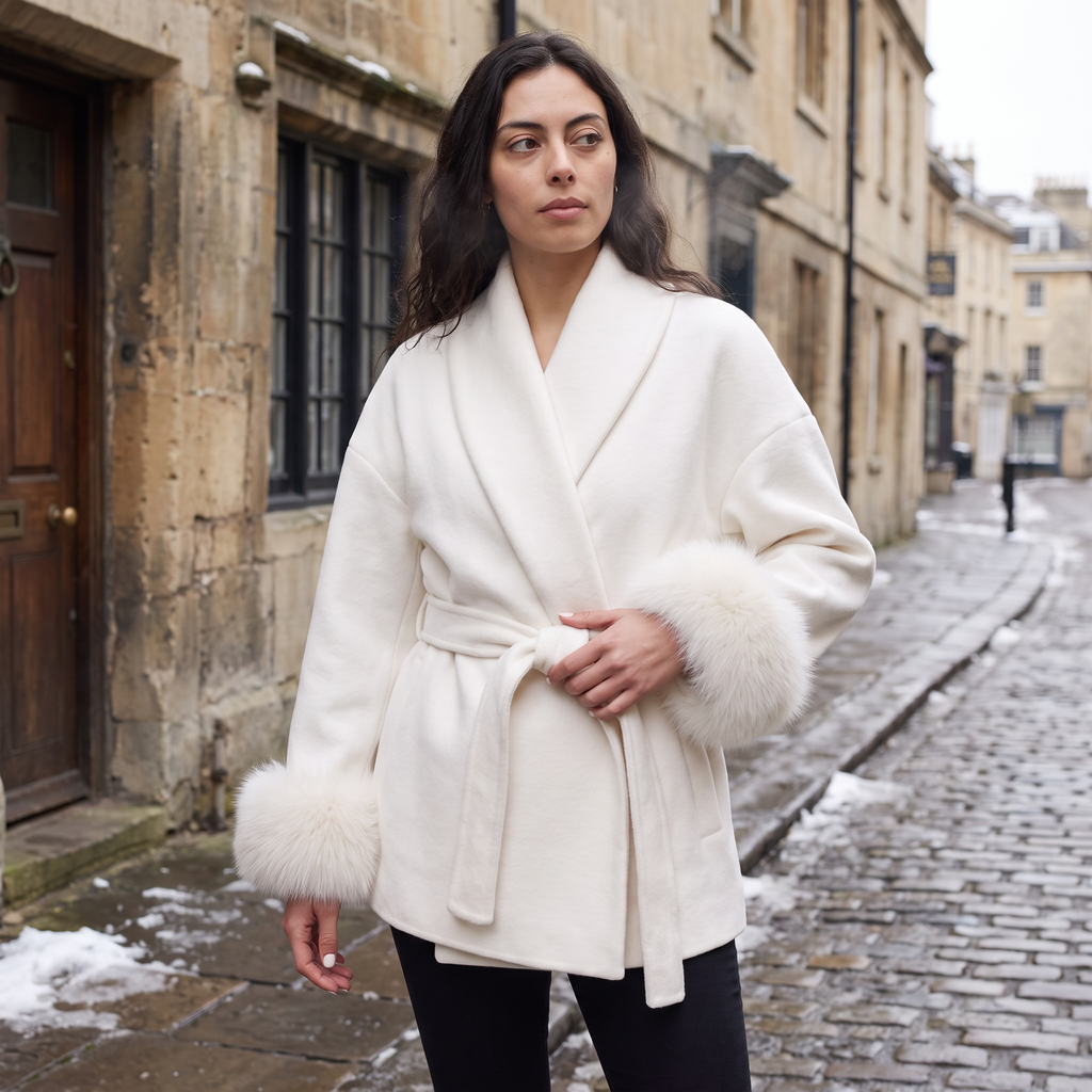 Women's Wool Blend Coat with Faux Fur Cuffs