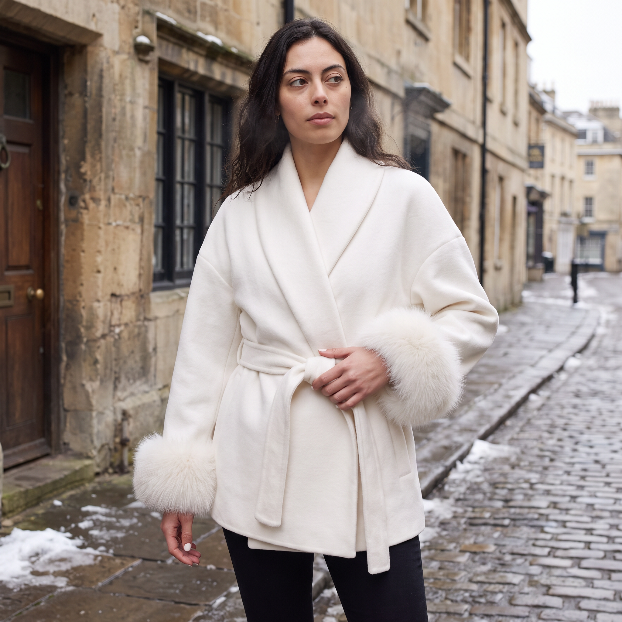 Women's Wool Blend Coat with Faux Fur Cuffs