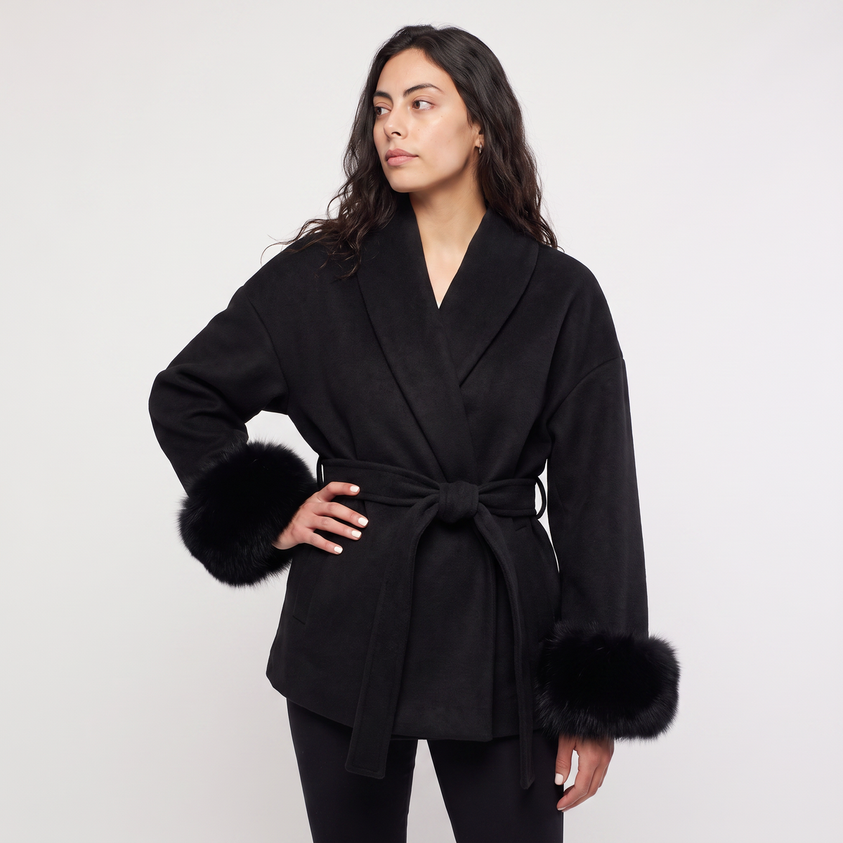 Women's Wool Blend Coat with Faux Fur Cuffs