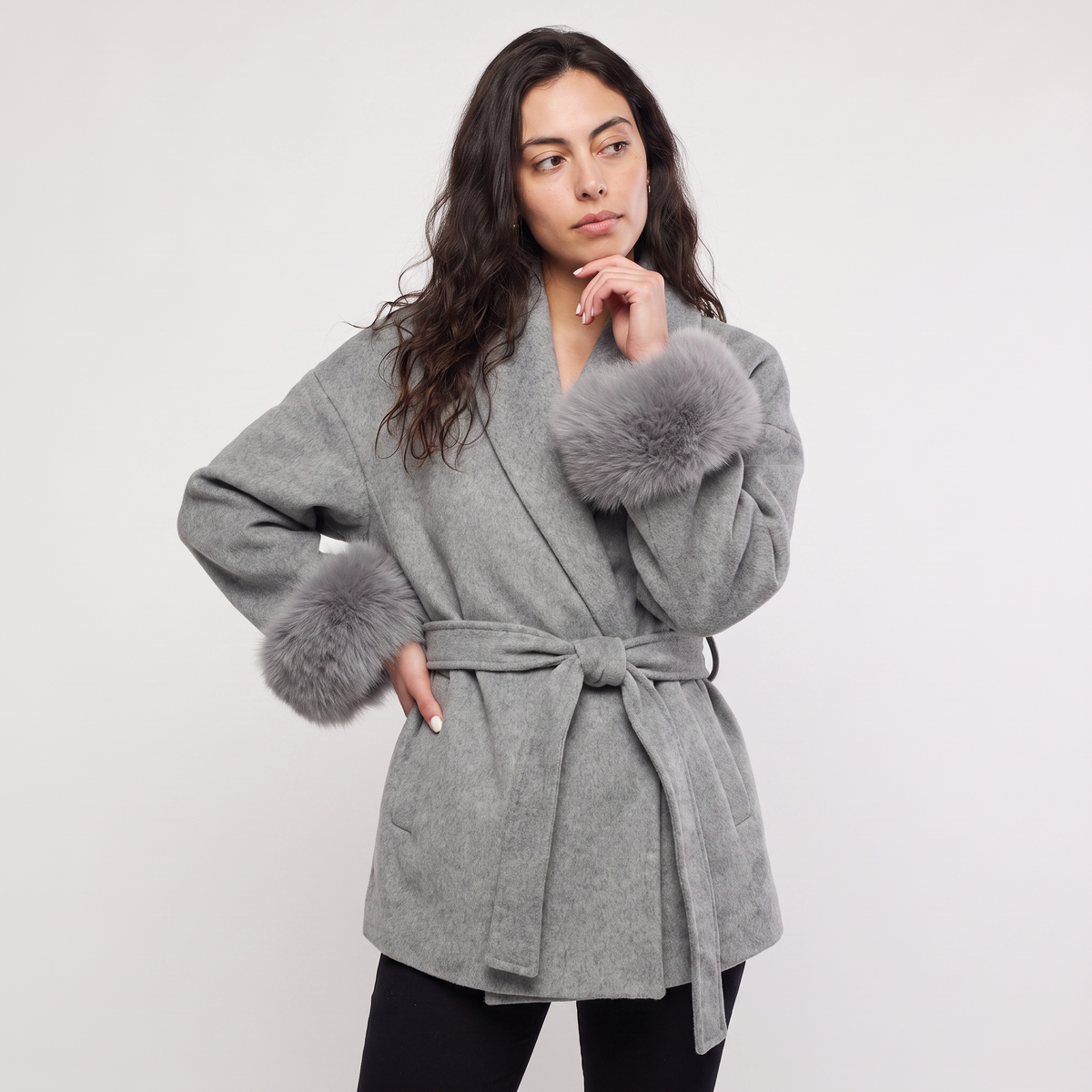 Women's Wool Blend Coat with Faux Fur Cuffs