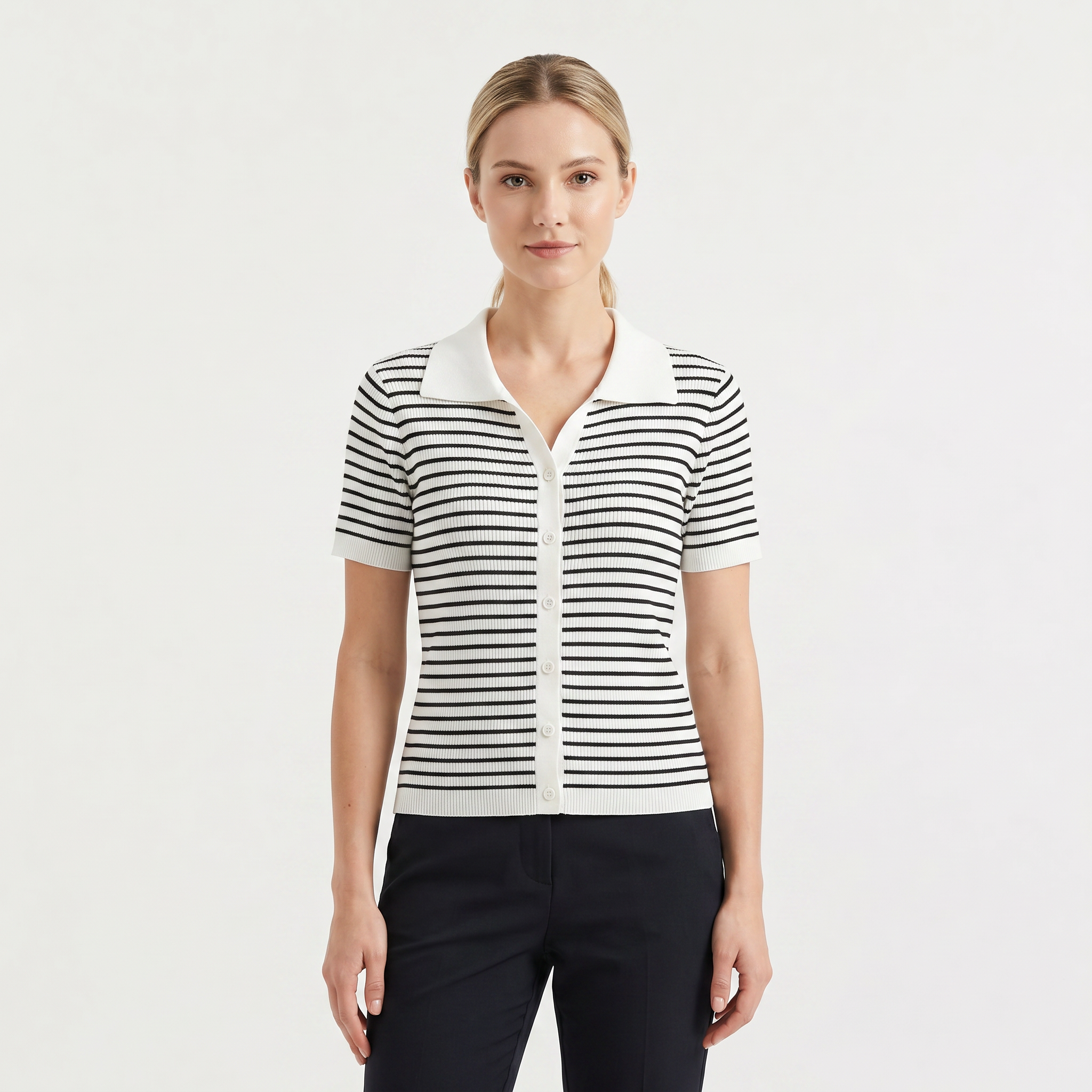 Women's Striped Button-Up Polo Shirt