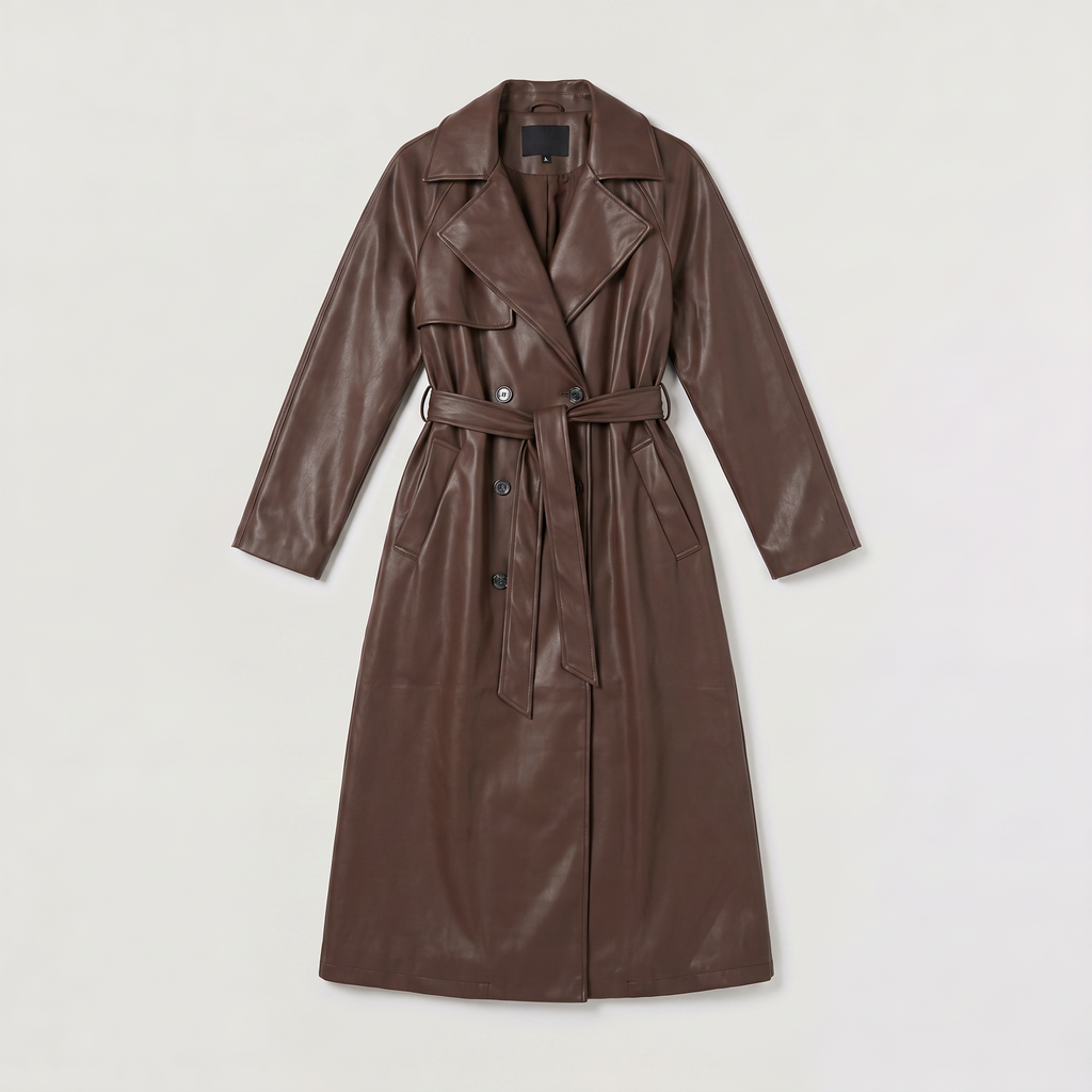 Women's Belted Faux Leather Midi Trench Coat