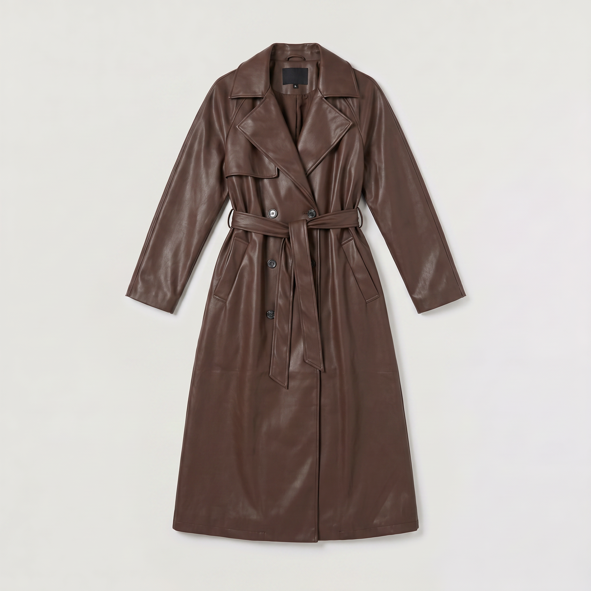 Women's Belted Faux Leather Midi Trench Coat