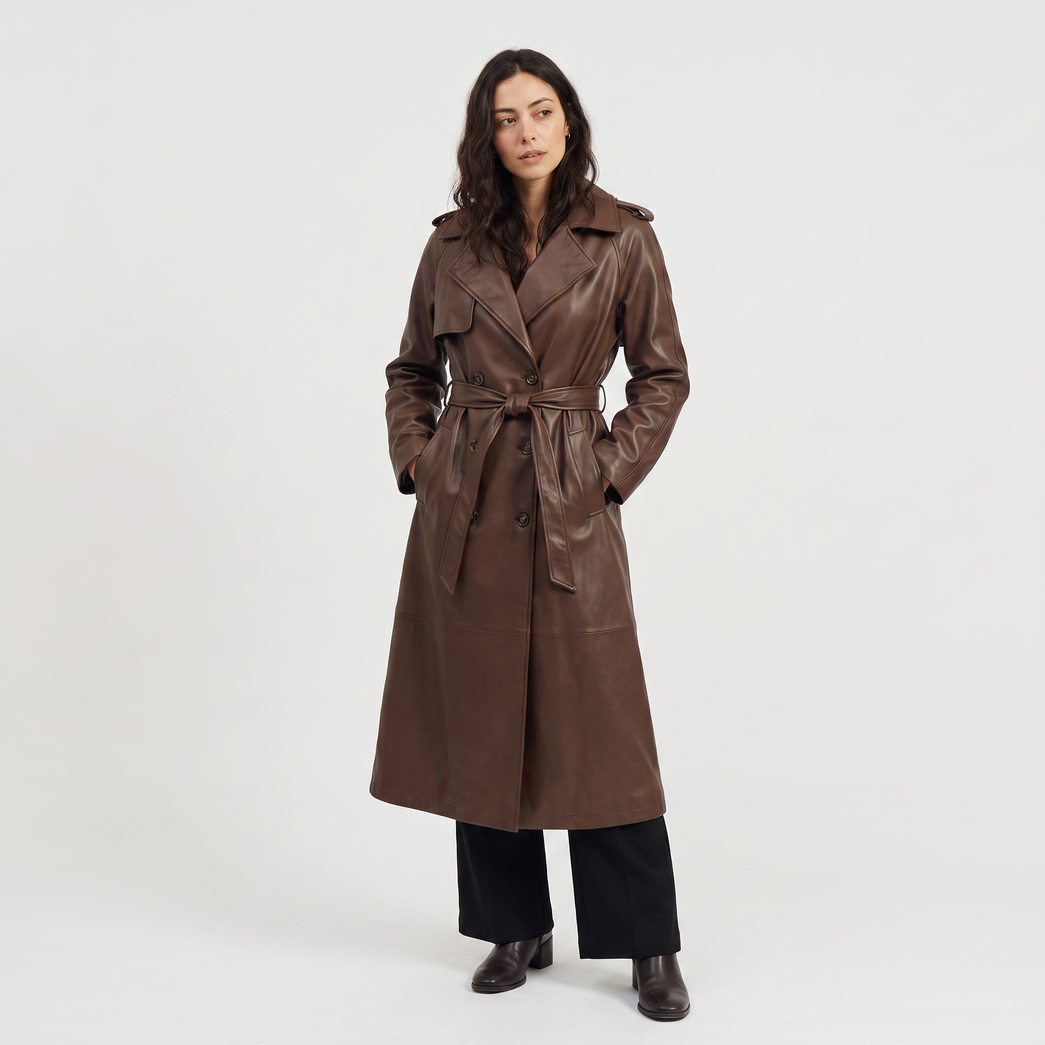 Women's Belted Faux Leather Midi Trench Coat