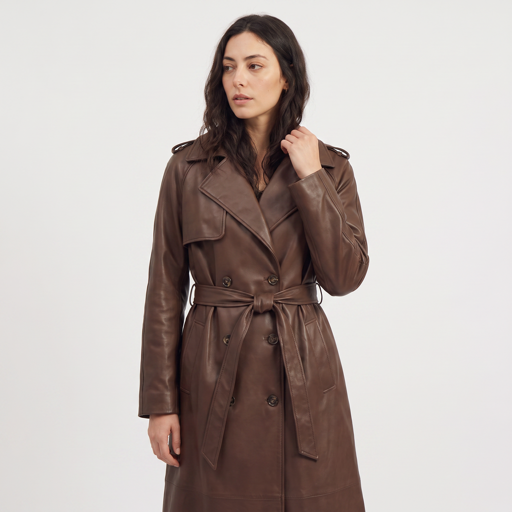 Women's Belted Faux Leather Midi Trench Coat