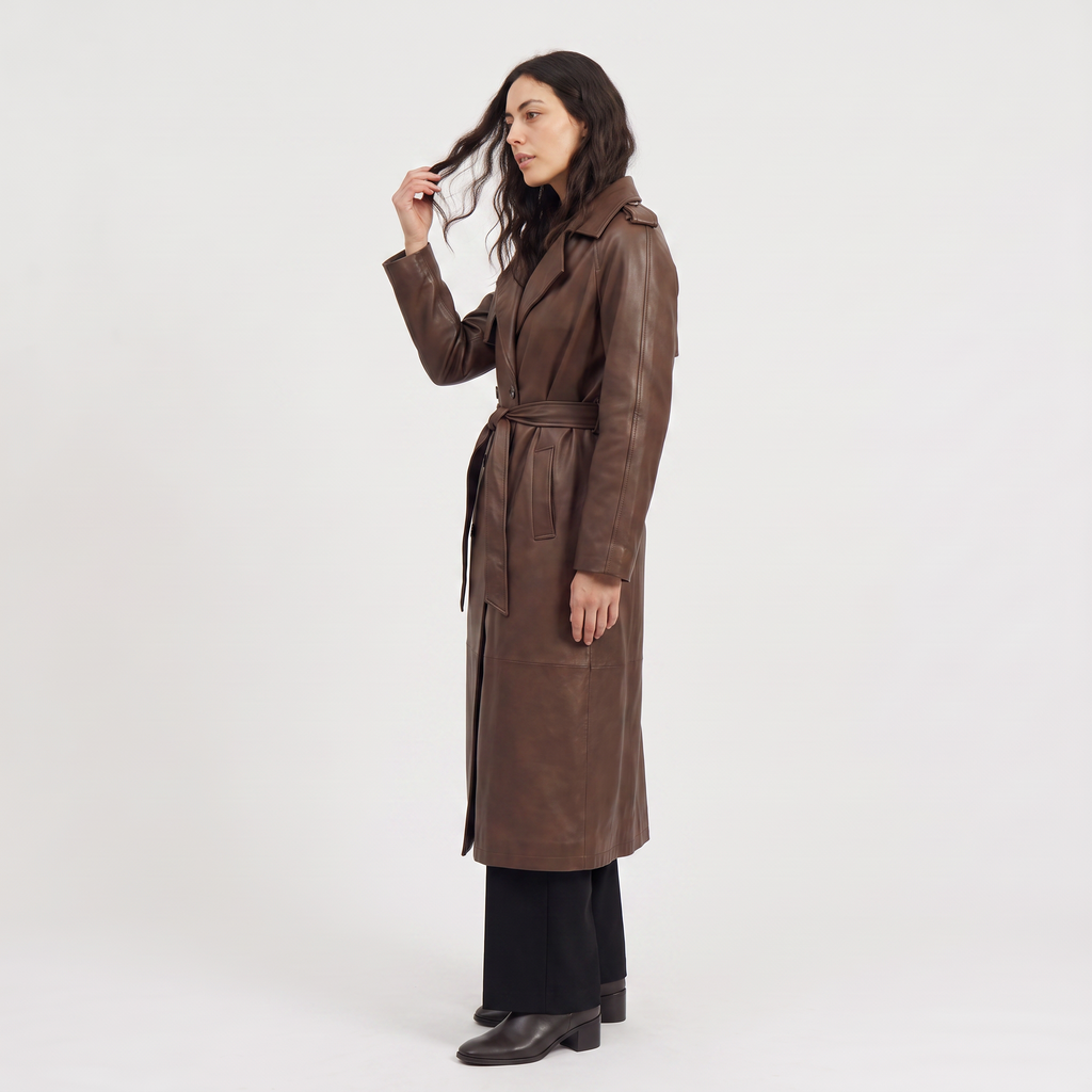 Women's Belted Faux Leather Midi Trench Coat