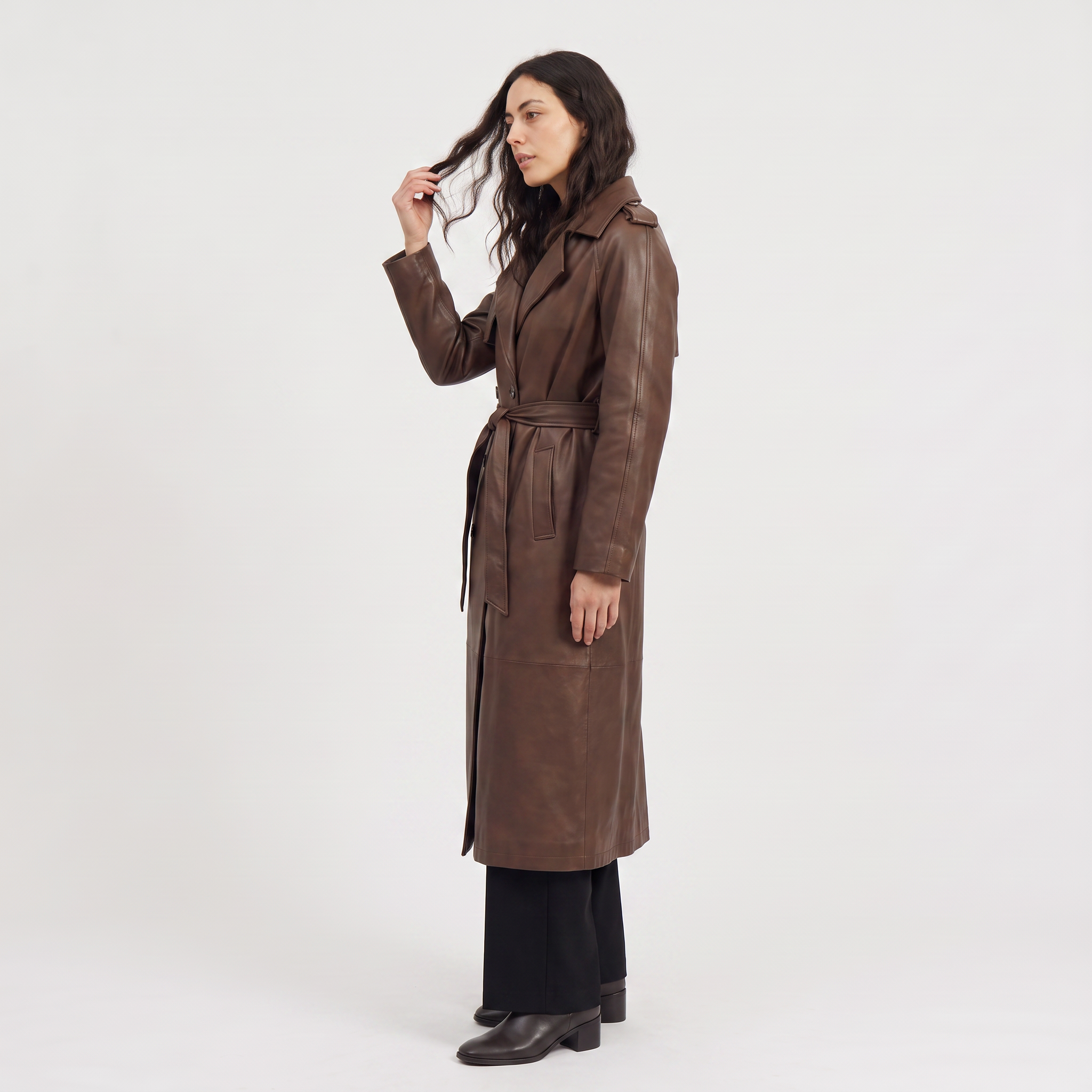 Women's Belted Faux Leather Midi Trench Coat