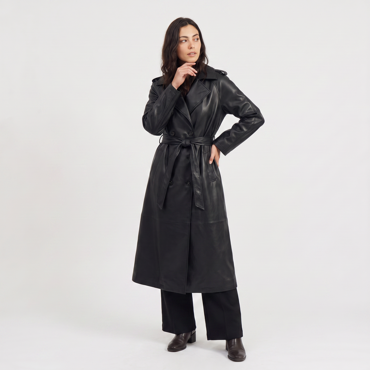 Women's Belted Faux Leather Midi Trench Coat