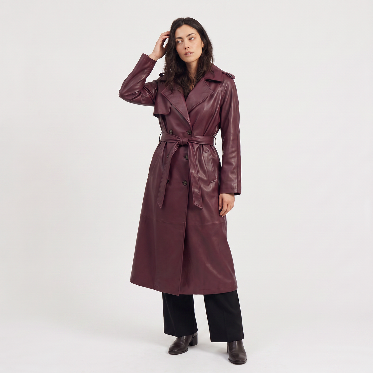 Women's Belted Faux Leather Midi Trench Coat