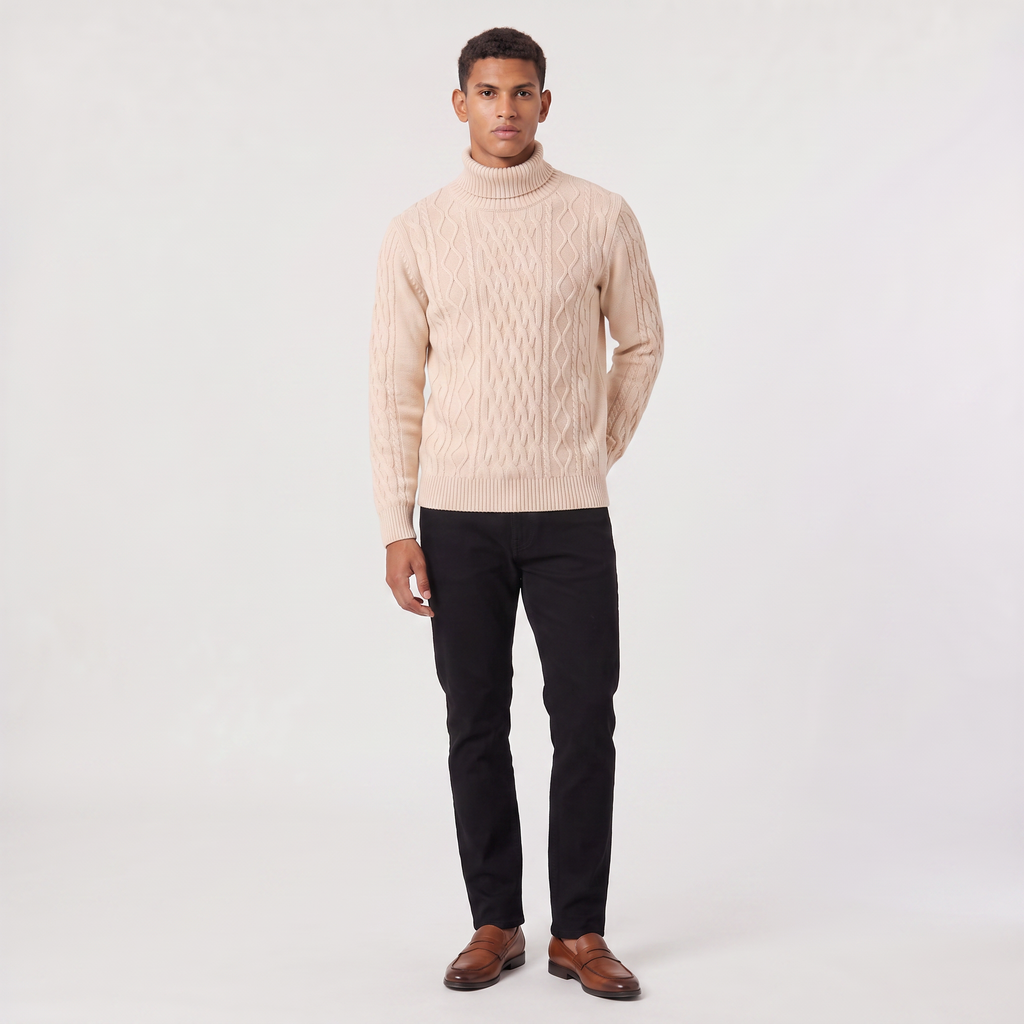 Men's Cable Knit Wool Turtleneck Sweater