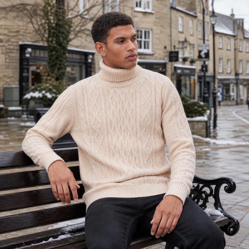 Men's Cable Knit Wool Turtleneck Sweater