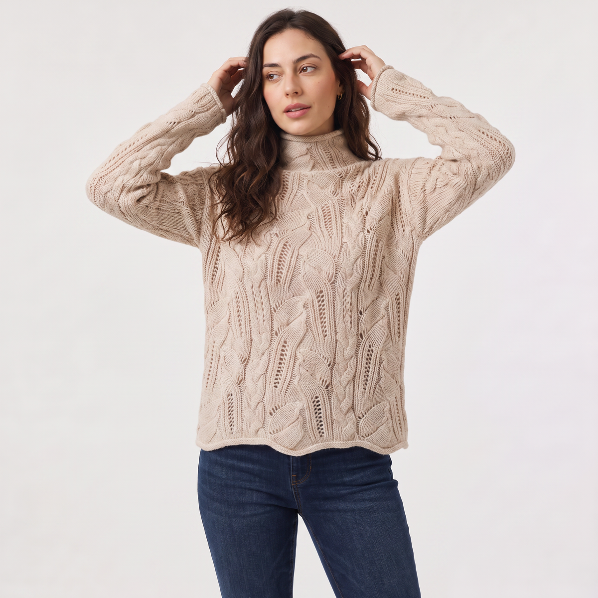 Women's Pointelle Cable Knit Turtleneck Jumper