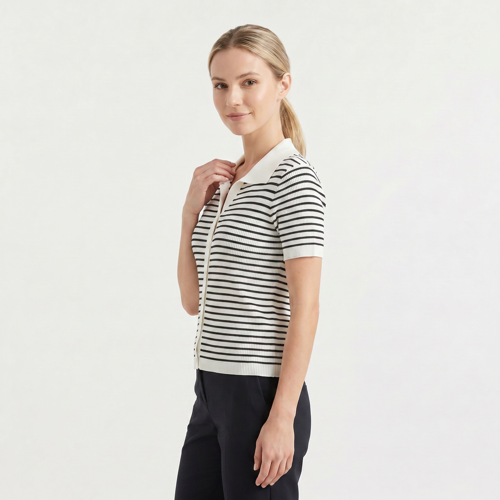 Women's Striped Button-Up Polo Shirt
