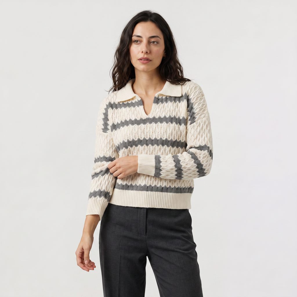Women's Striped Pointelle Cable Knit Collar Jumper