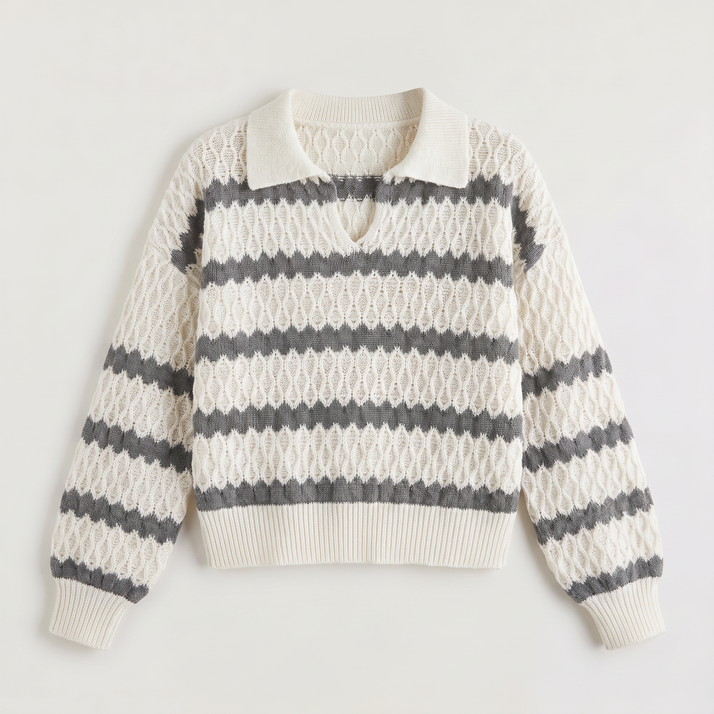 Women's Striped Pointelle Cable Knit Collar Jumper