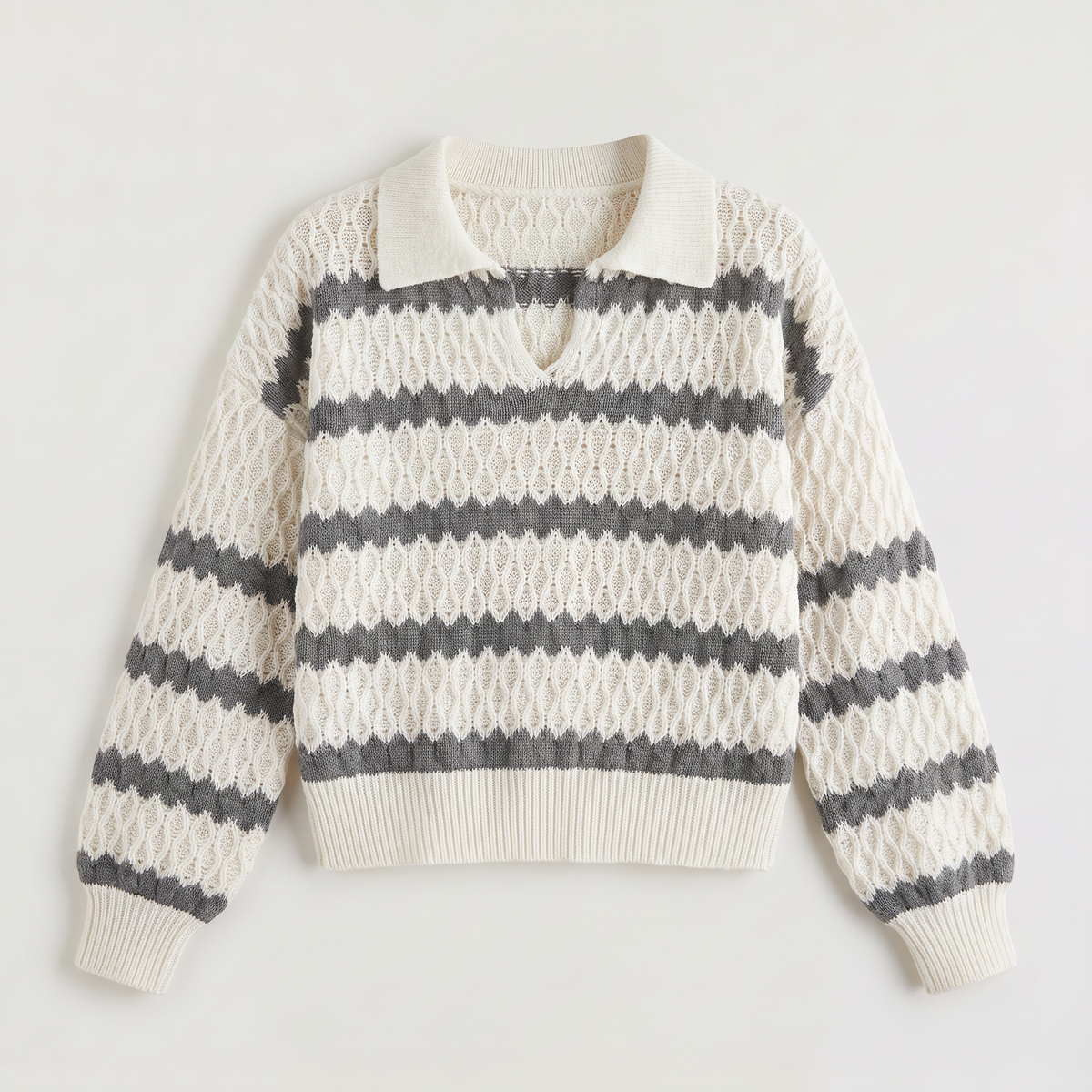 Women's Striped Pointelle Cable Knit Collar Jumper